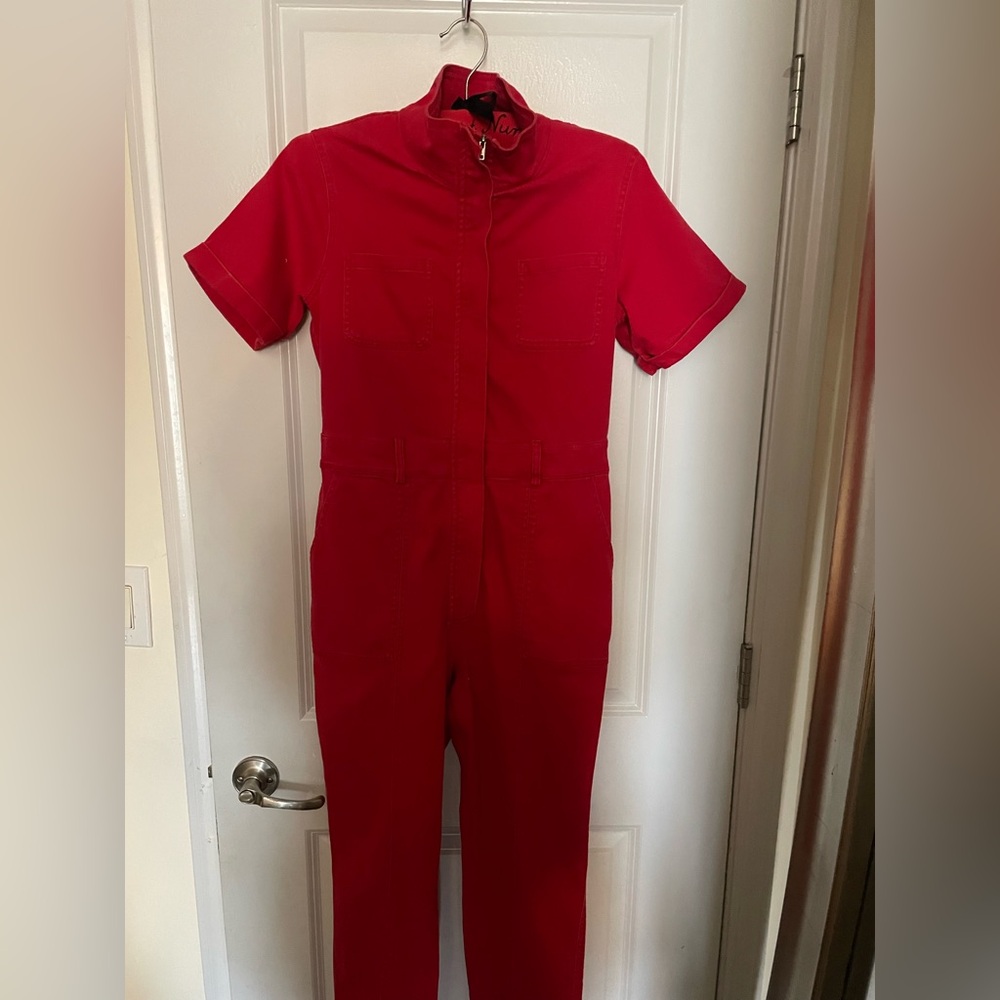 Red Short Sleeve Denim Jumpsuit Boiler Suit - Picture 3 of 11